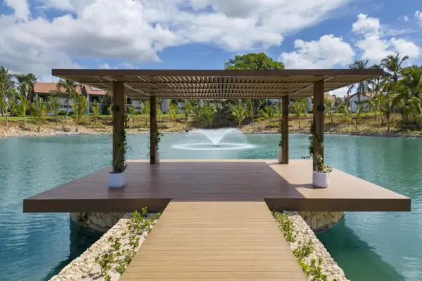 Outdoor dock overlooking a pond at The Spa Casa de Campo
