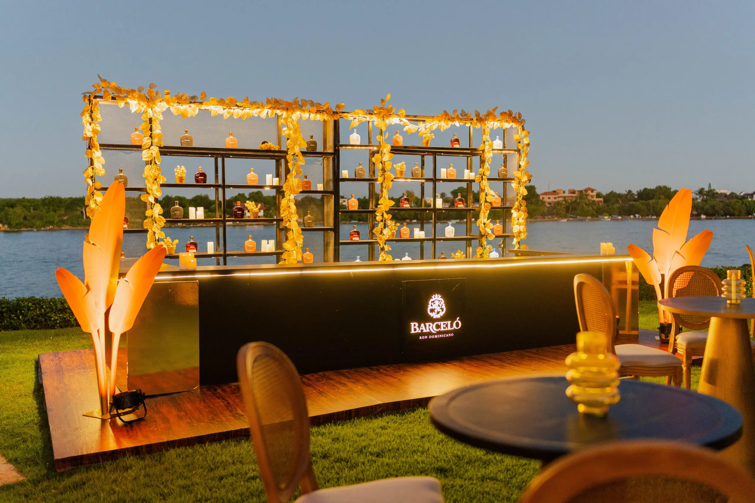Riverside Center bar set in front of river