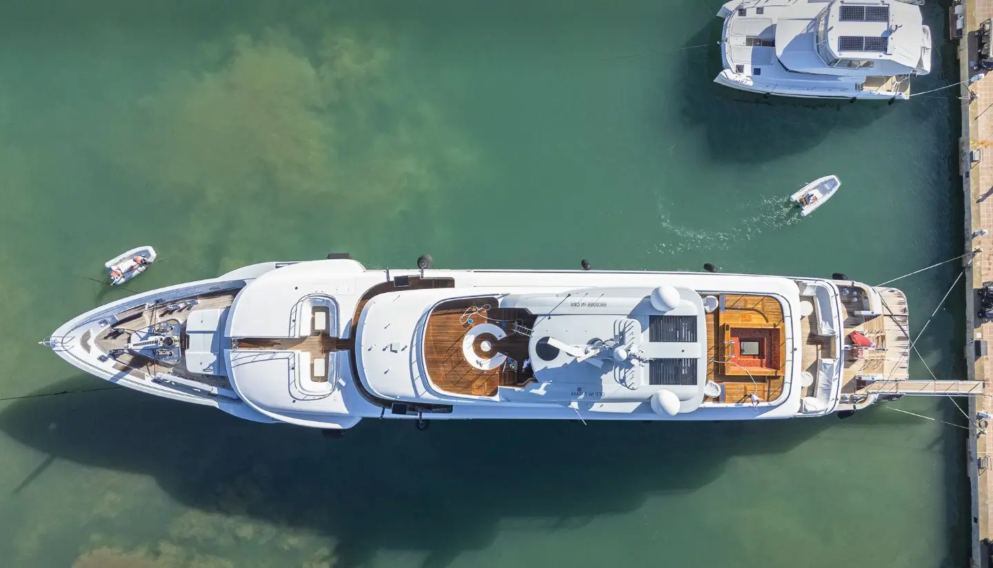 Aerial view of a luxury yacht docked at Marina Casa de Campo in La Romana