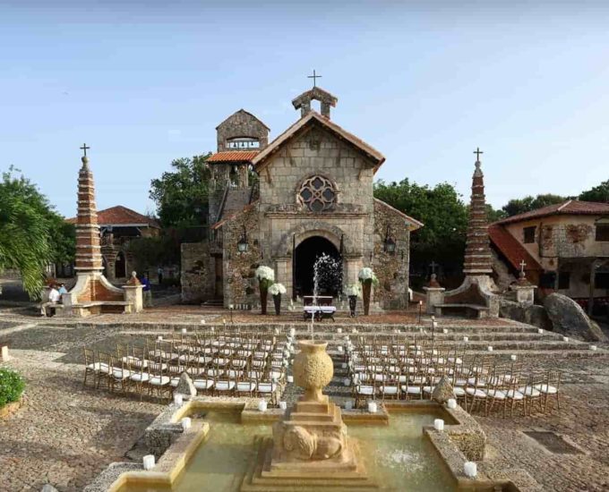 Altos de Chavon is beautifully decorated for a wedding ceremony.