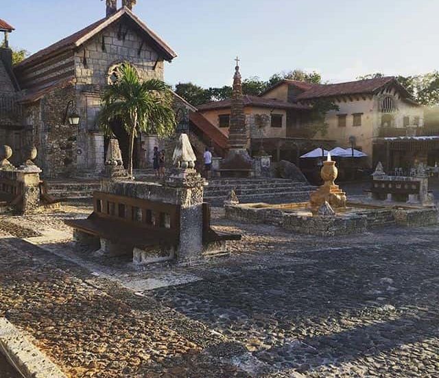 Beautiful light shines on a courtyard in Altos de Chavon. 