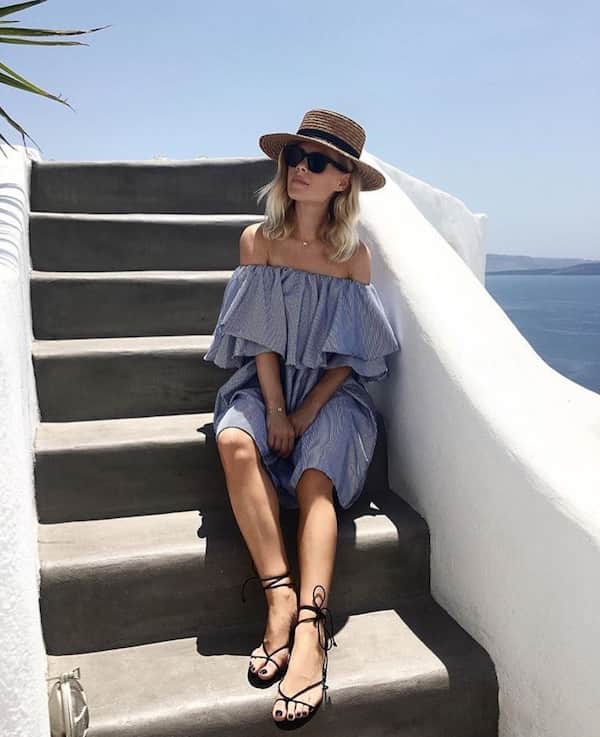 A fashion forward off-the-shoulder dress is the perfect beach cover up.