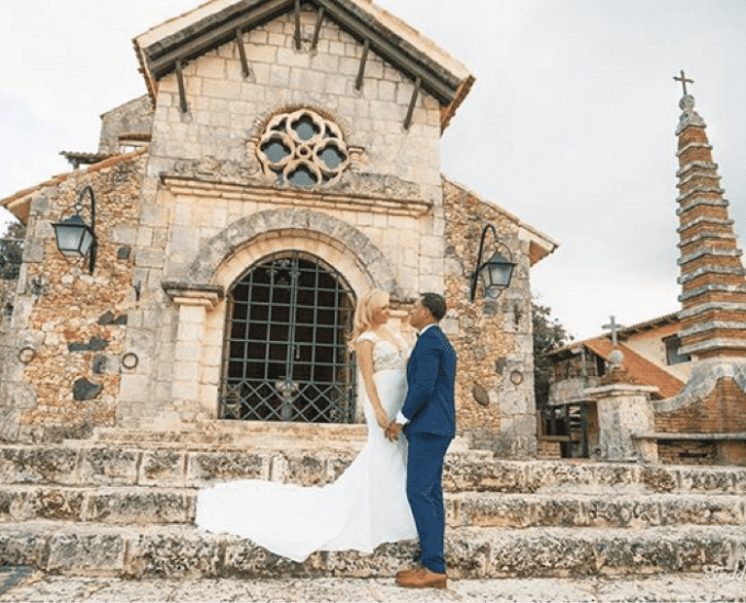 A bride and groom at their destination wedding at Altos de Chavon, Dominican Republic. 