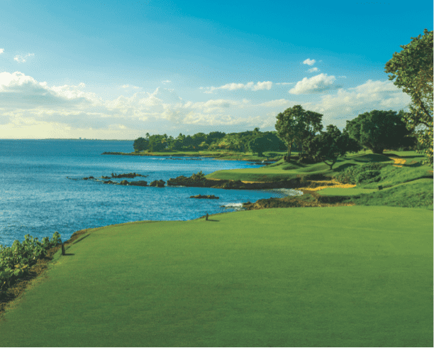 A golf hole along the Caribbean Sea at Casa de Campo Resort.