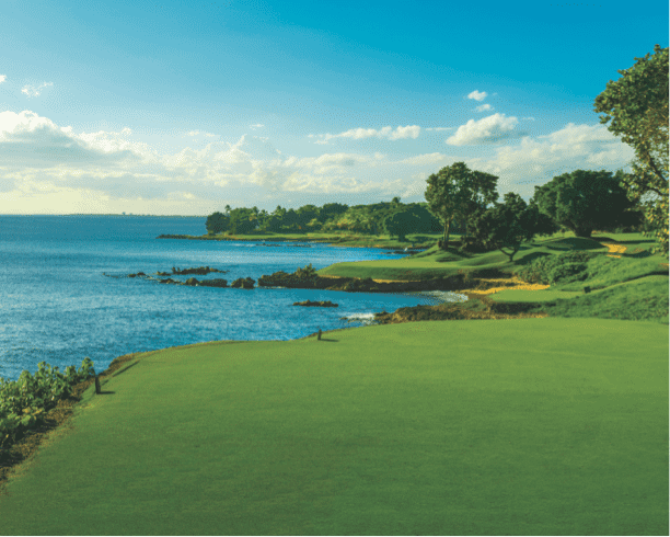 A golf hole along the Caribbean Sea at Casa de Campo Resort. 