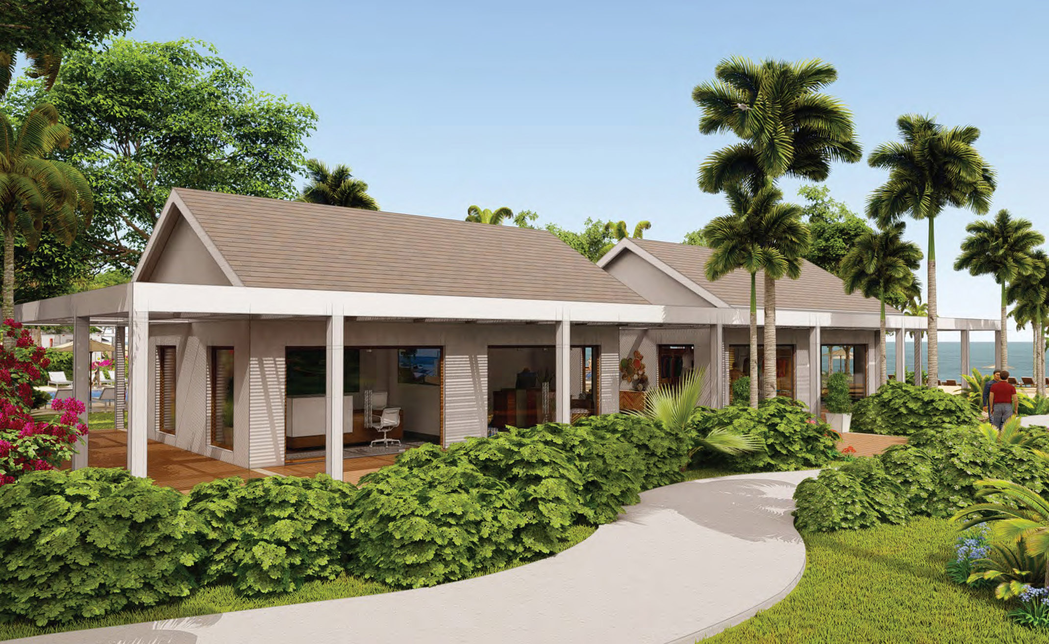 Area de tiendas y comidas en la nueva piscina familiar en Playa Minitas