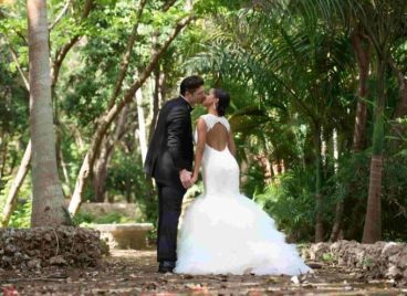 A bride and groom embracing one another at our Dominican Republic wedding resort