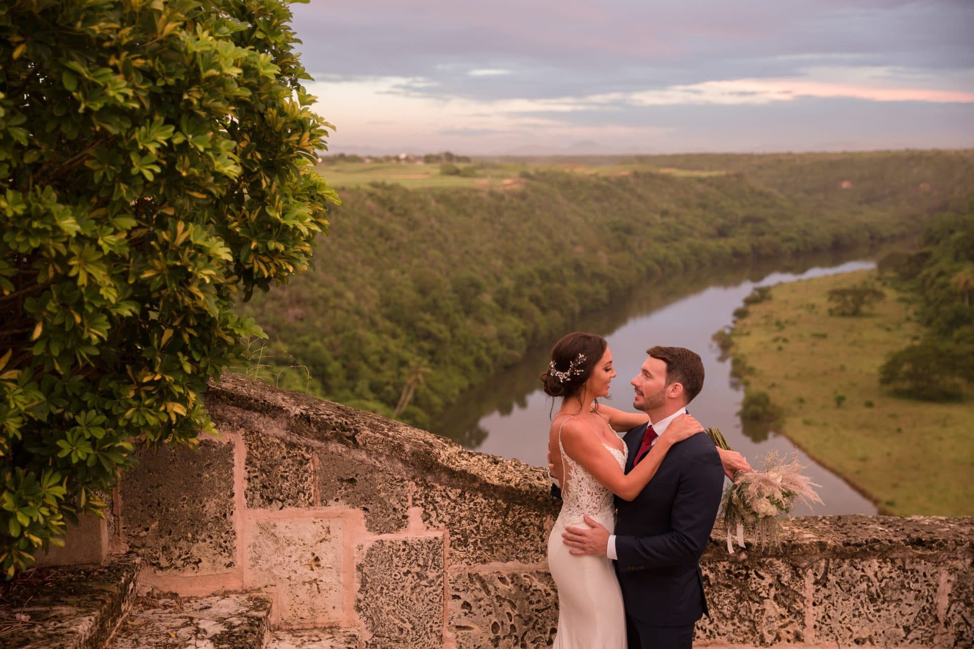 Bride and Groom with Chavon River in background