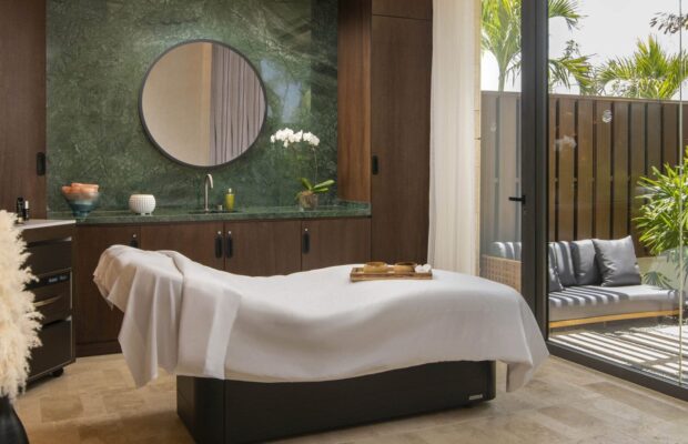 A relaxing spa room with an outdoor zen patio at Casa de Campo Resort