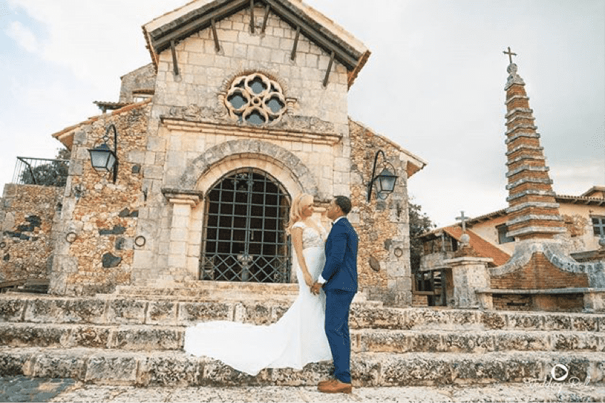 A bride and groom at their destination wedding at Altos de Chavon, Dominican Republic.