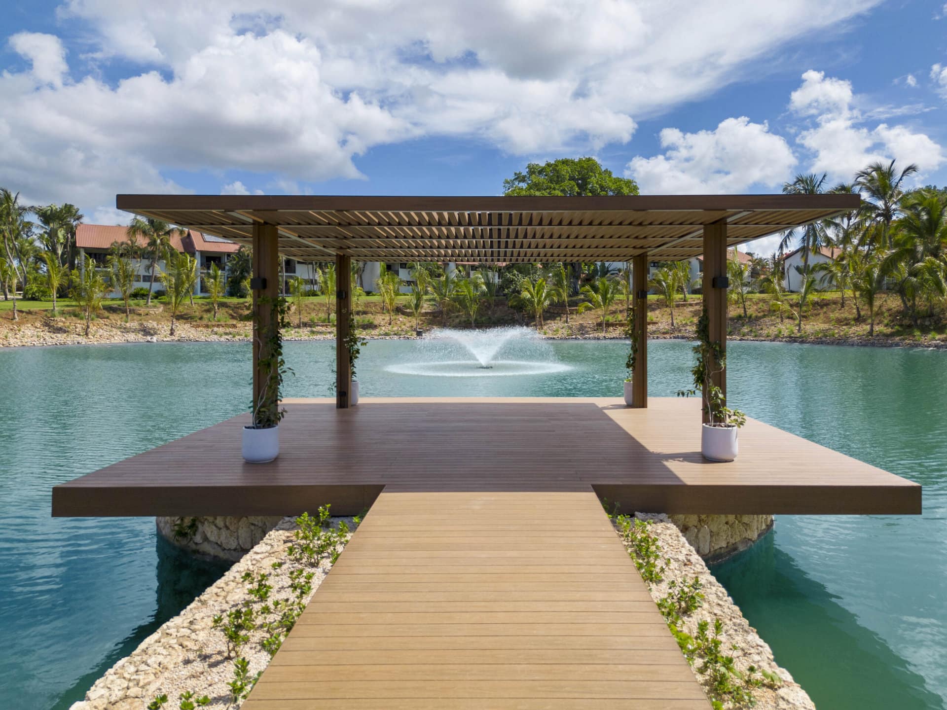 Outdoor dock overlooking a pond at The Spa Casa de Campo