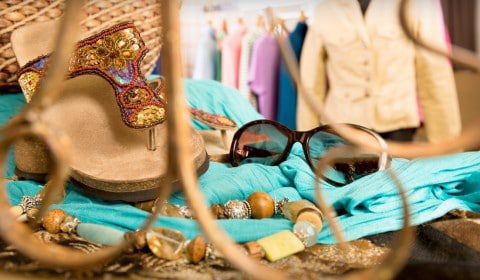Sandals and accessories on a table at a Caribbean shopping center