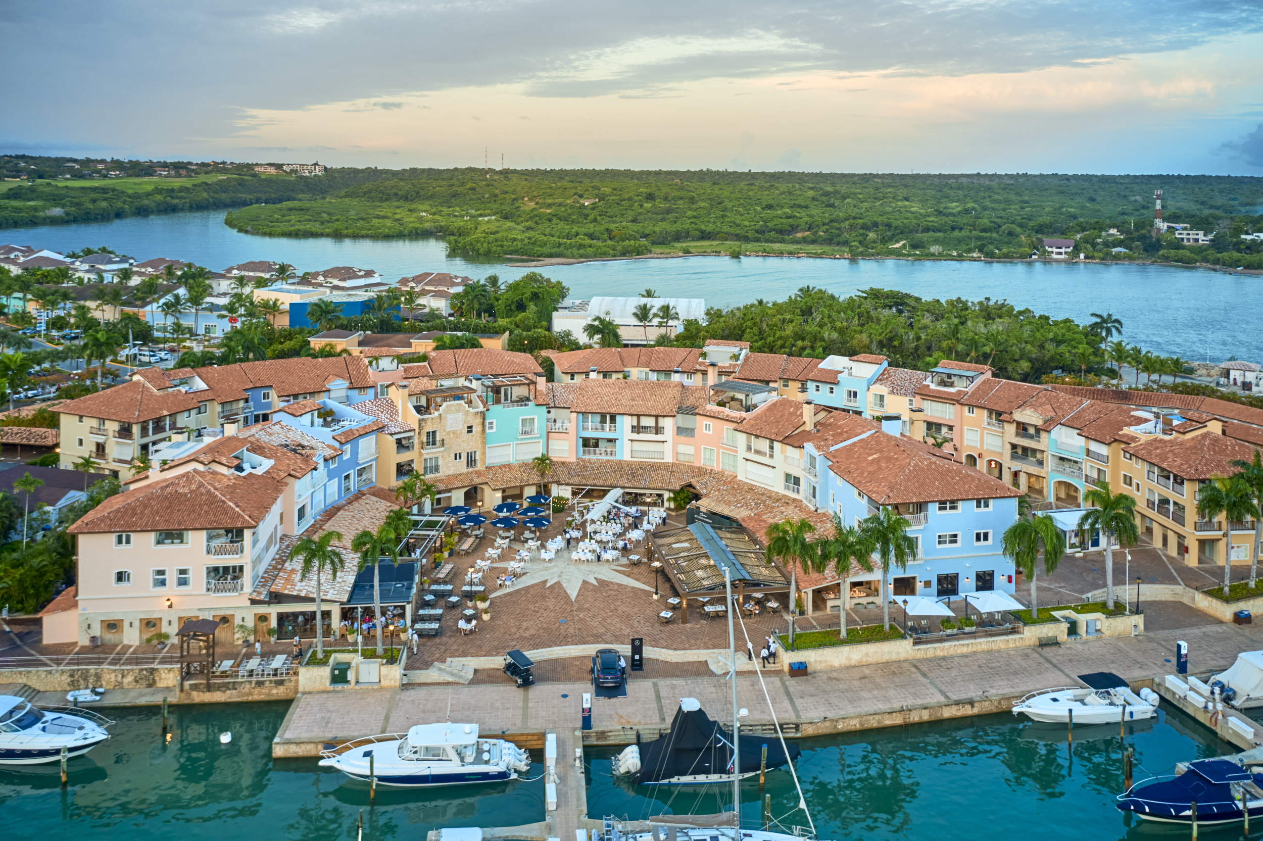 Aerial view of Marina Casa de Campo with waterfront buildings, shops, restaurants and yachts in La Romana, Dominican Republic